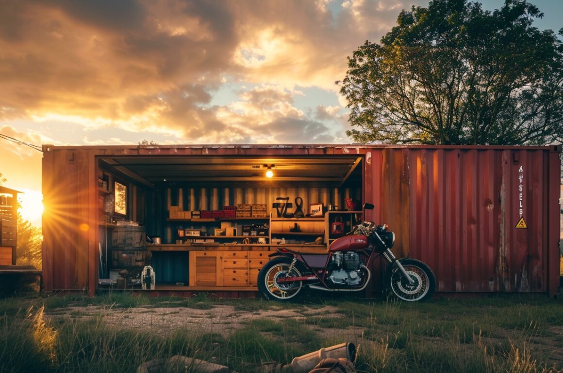 garáž z lodního kontejneru motorka západ slunce