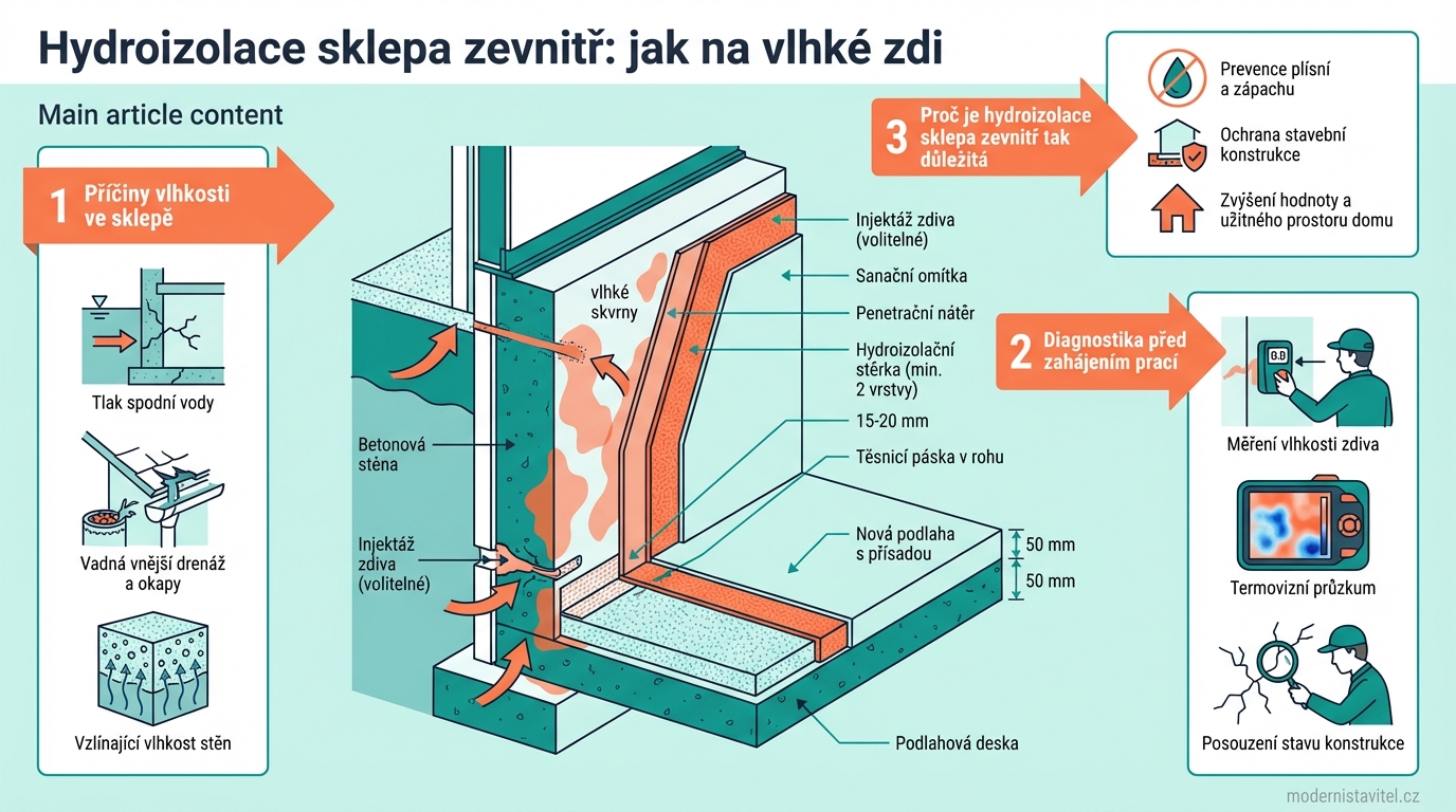 hydroizolace sklepa zevnitř: schema