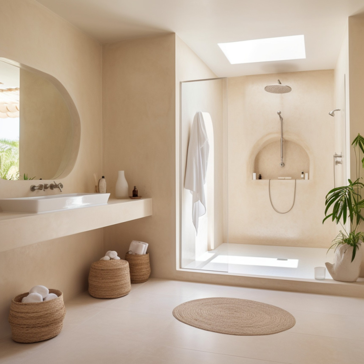 Detail textury mikrocementové stěrky — hra světla na hladkém povrchu