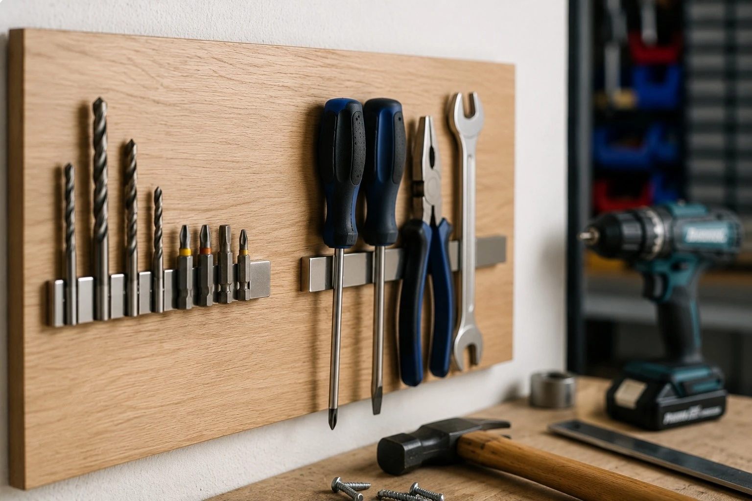 Nářadí uspořádané pomocí magnetických držáků