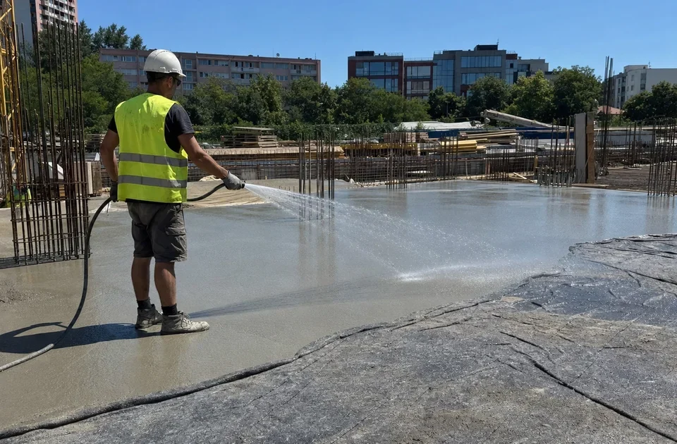 Dělník v reflexní vestě mlží čerstvou betonovou desku vodou na stavbě za horkého letního dne