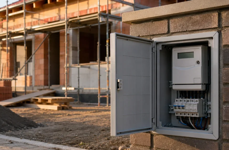 Elektroměrový rozvaděč v pilíři plotu u novostavby rodinného domu
