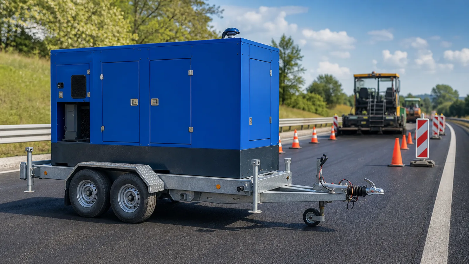 Fréza, finišer a letní uzavírka: zápisky z opravy krajské silnice – mobilní elektrocentrála Valeon