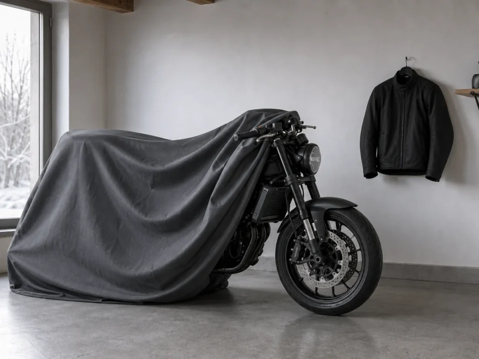 Motocykl v garáži částečně přikrytý prodyšnou plachtou, na stěně visí výbava