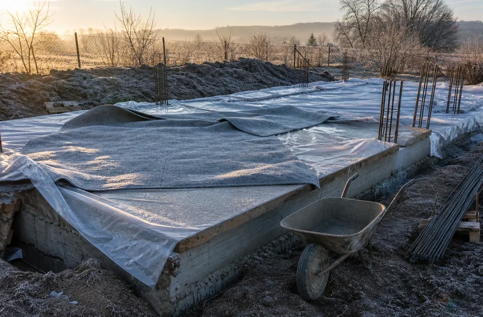 Čerstvý betonový základ zakrytý fólií a izolačními rohožemi proti nočnímu mrazu, jinovatka a ranní slunce