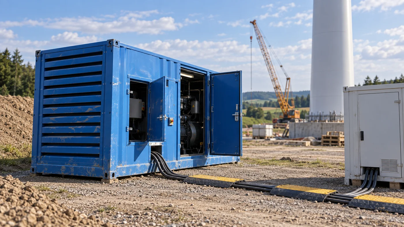 Kabeláž vedená od kontejnerové elektrocentrály k řídicímu kontejneru na stavbě větrné elektrárny.
