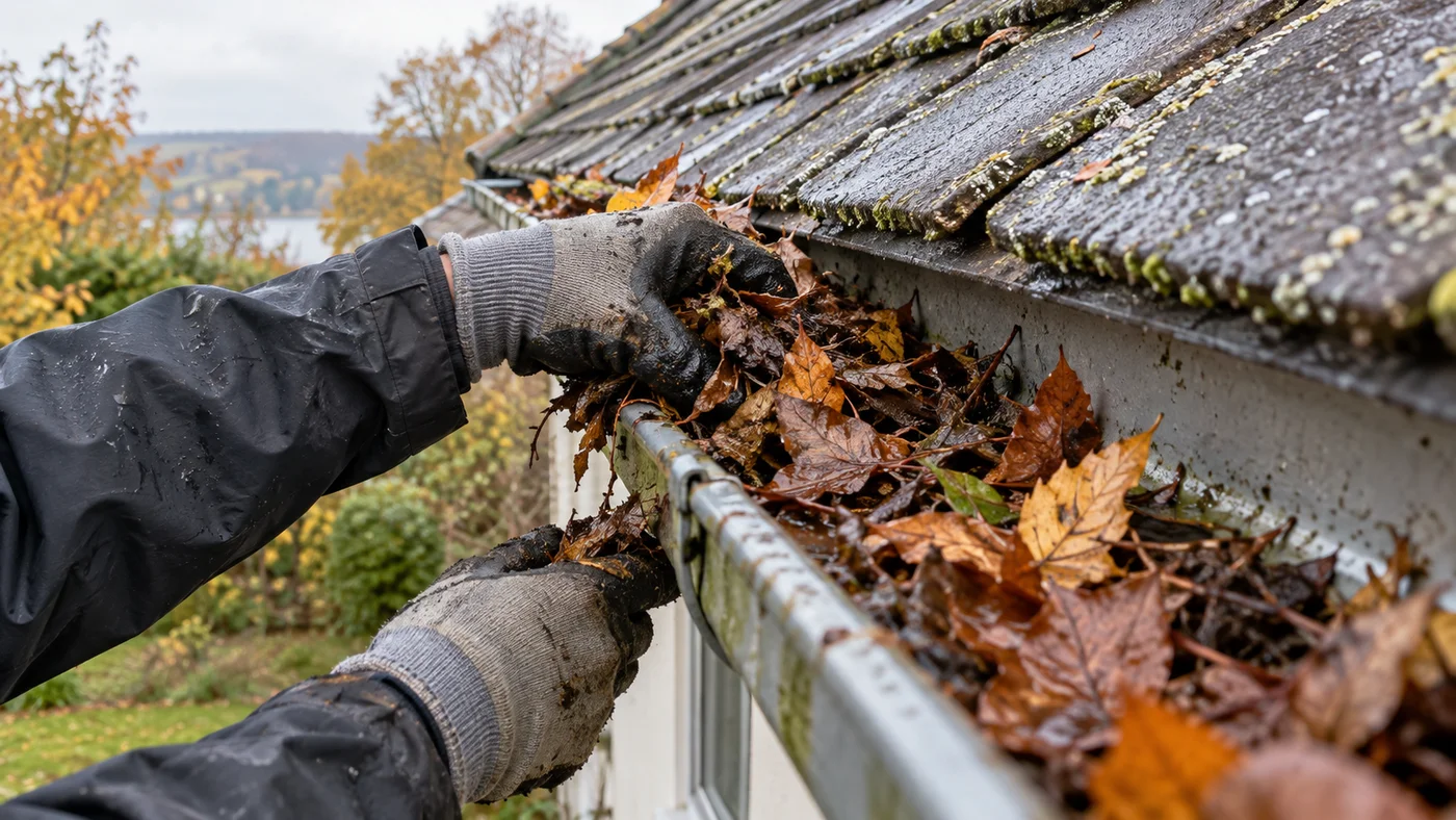 Ruce v pracovních rukavicích vybírají mokré listí z okapu rodinného domu