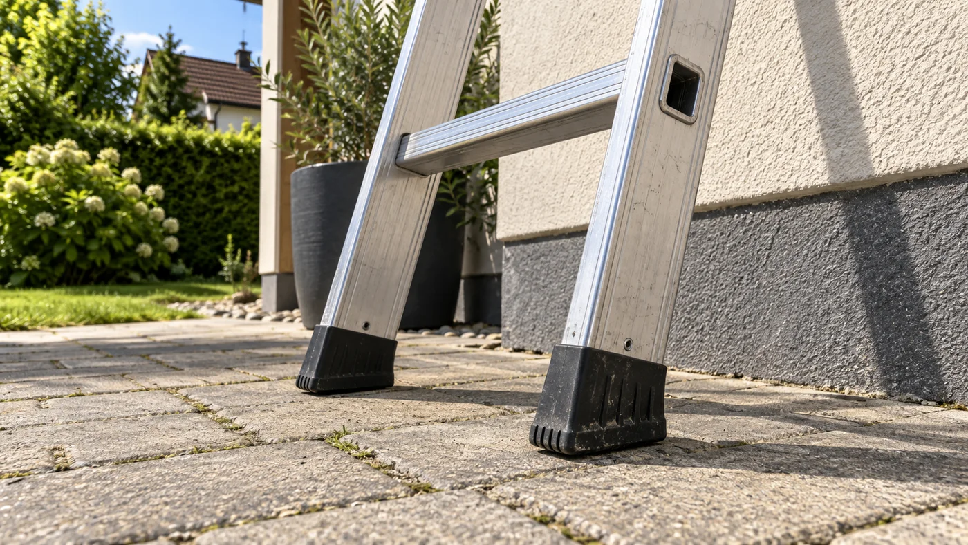 Detail paty žebříku s gumovými patkami na rovné zámkové dlažbě