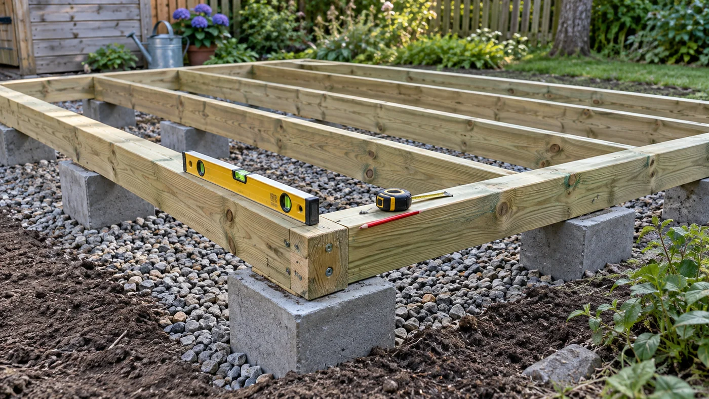 Impregnovaný dřevěný rám podlahy domku leží na betonových patkách, na trámu je vodováha a svinovací metr