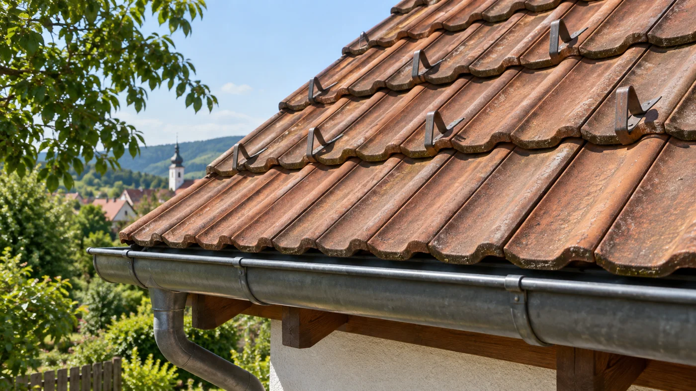 Detail okapu a střešní krytiny se sněhovými háky rozmístěnými po ploše střechy