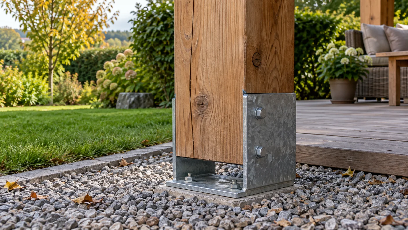 Detail sloupku dřevěné terasy stojícího na kovové patce nad štěrkovým podkladem
