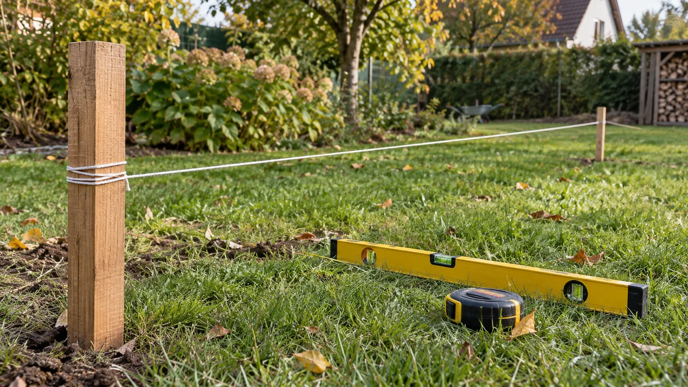 Zaměřování trasy plotu provázkem mezi dřevěnými kolíky na trávníku