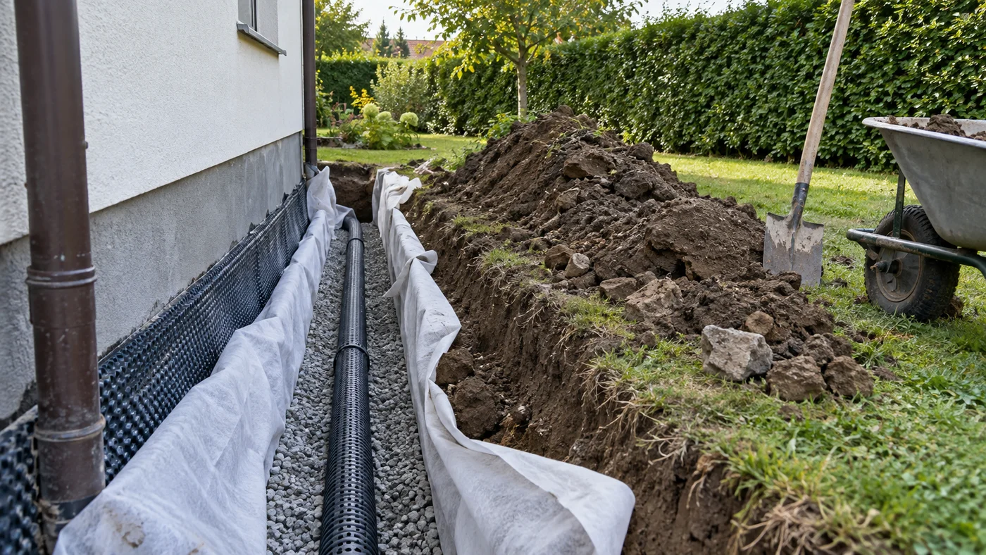 Výkop u základů domu s černou perforovanou drenážní rourou ve štěrku a bílou geotextilií