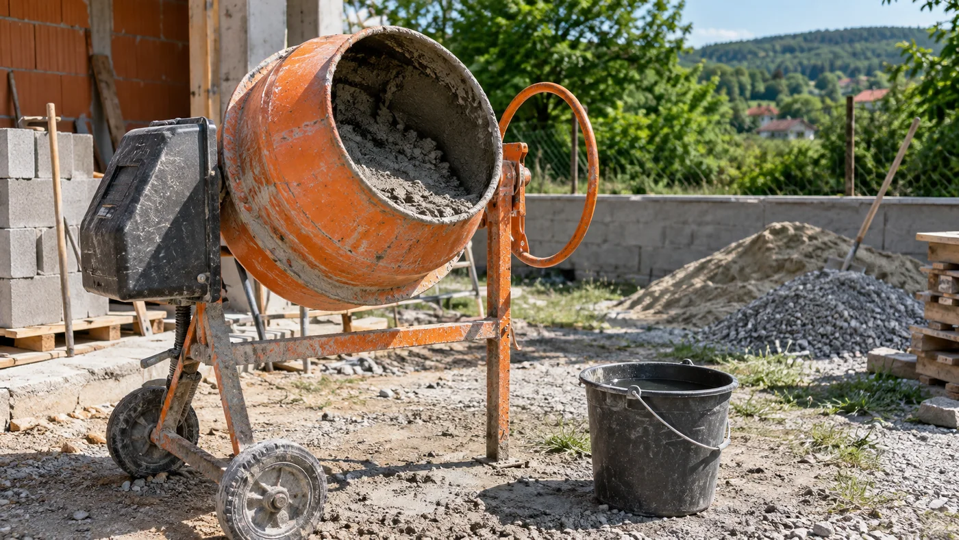 Zednická míchačka s čerstvě zamíchanou maltou a vědro s vodou na staveništi