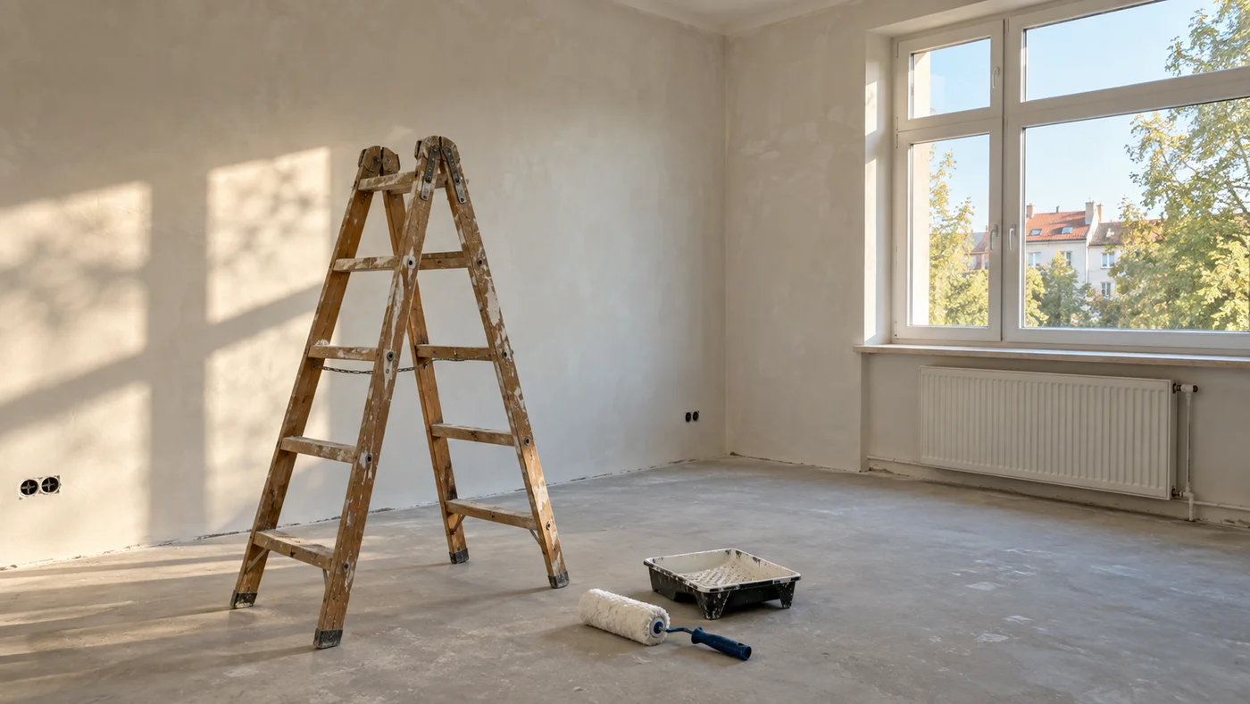 Dřevěné štafle rozložené v prázdné omítnuté místnosti, na podlaze váleček a miska na barvu