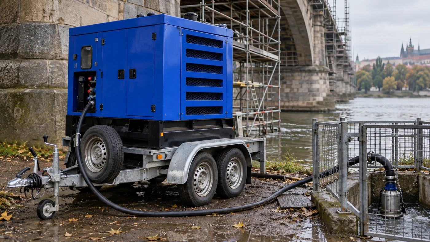 Silový kabel od modré elektrocentrály k ponornému čerpadlu v jímce u mostního pilíře, zatažená obloha.