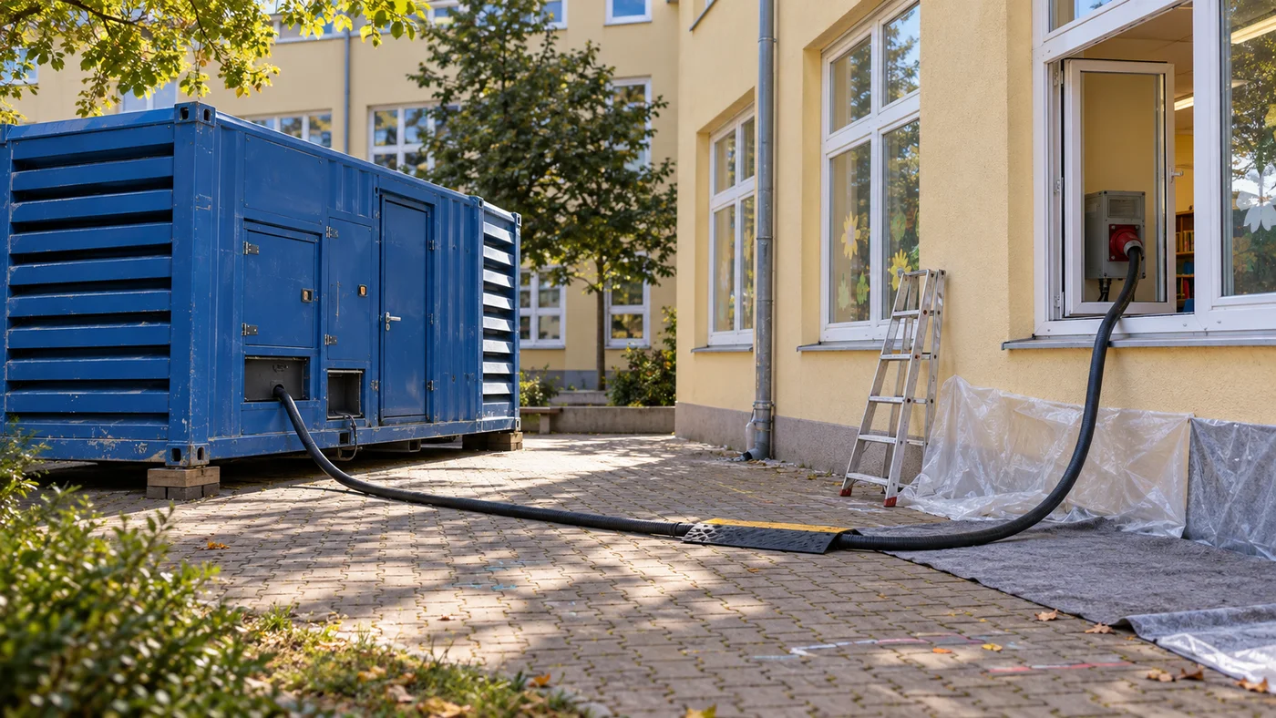 Detail silového kabelu od modré kontejnerové elektrocentrály vedeného oknem do přízemí školy.