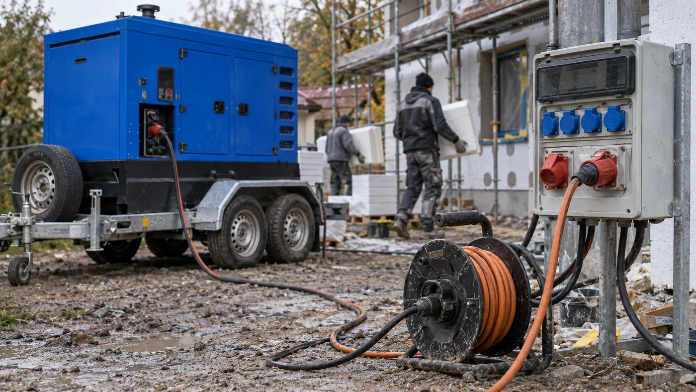 Detail rozvaděče a kabelu od elektrocentrály vedoucího k patě lešení na dvorku