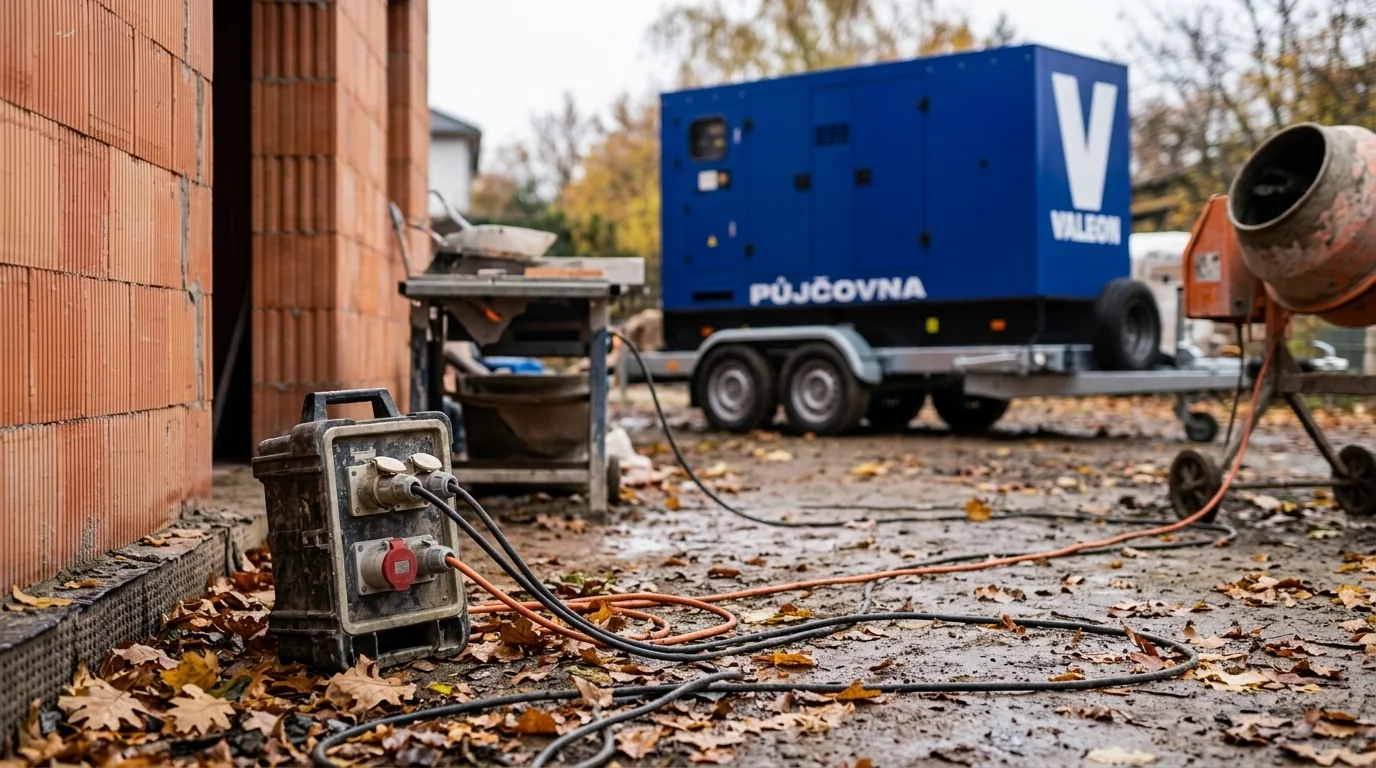 Staveništní rozvaděč s kabely k pile na bloky a míchačce, v pozadí modrá elektrocentrála na přívěsu